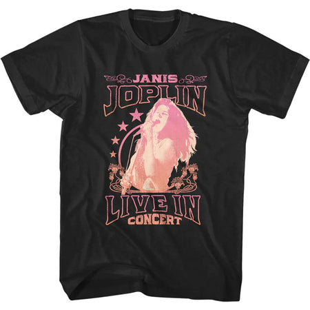 Janis Joplin - Live In Concert Stars - Black t-shirt