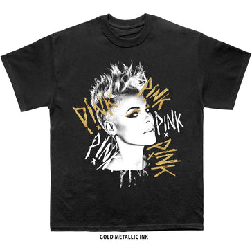 Pink - Ladies Boyfriend with Gold Metallic Ink - Black t-shirt