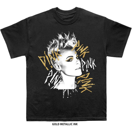 Pink - Ladies Boyfriend with Gold Metallic Ink - Black t-shirt