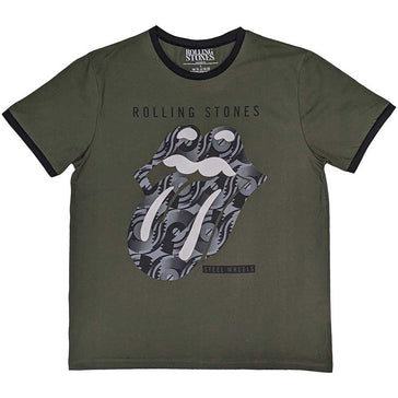Rolling Stones - Black & White Tongue - Khaki Green Ringer t-shirt