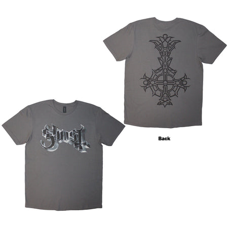 Ghost - Chrome Logo & Crucifix Outline - Charcoal Grey T-shirt