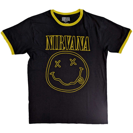 Nirvana - Kurt Cobain - Outline Happy Face - Black Ringer t-shirt
