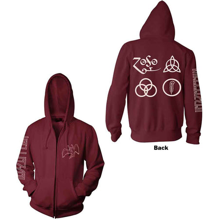 Led Zeppelin - Symbols w/backprint - Zipped Maroon Hooded Sweatshirt