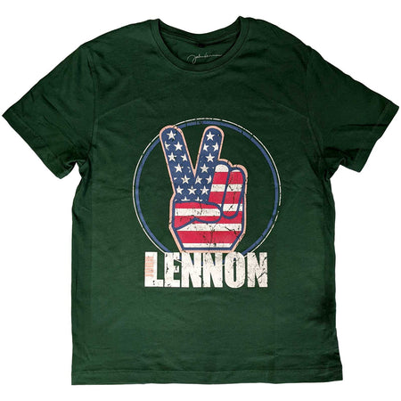 John Lennon - Peace Fingers US Flag - Green T-shirt