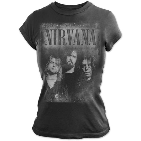 Nirvana-Kurt Cobain - Faded Faces - Ladies Junior Black T-shirt