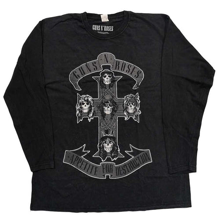 Guns N Roses-Monochrome Cross-Dip Dye Long Sleeved- Black T-shirt