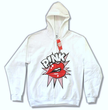 Pink - Lips-Pop Art Design - White Zip up Hooded Sweatshirt