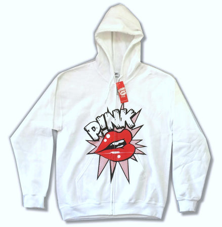 Pink - Lips-Pop Art Design - White Zip up Hooded Sweatshirt