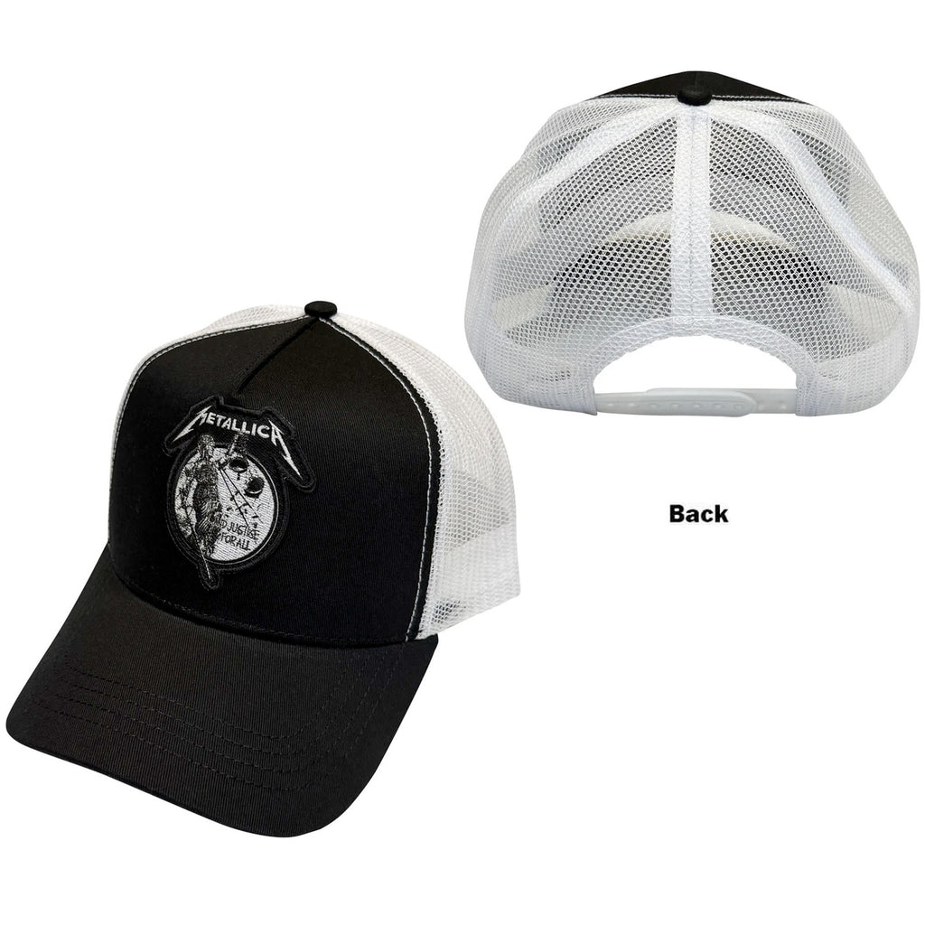 Metallica - Justice Mono - Black & White. OSFA Mesh Back Baseball Cap