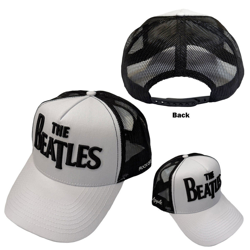 The Beatles - Drop T Logo & Apple  - Black & White OSFA Meshback Baseball  Cap