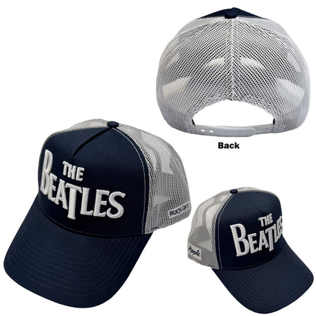 The Beatles - Drop T Logo & Apple  - Navy Blue & White OSFA Mesh back Baseball  Cap