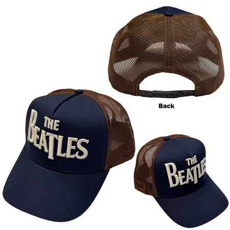 The Beatles - Drop T Logo & Apple  - Navy Blue & Brown OSFA Mesh back Baseball  Cap