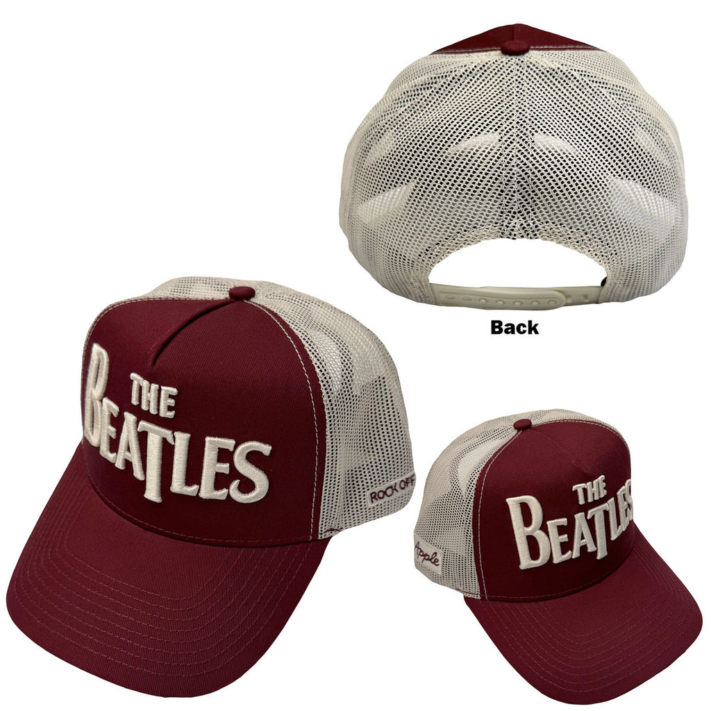 The Beatles - Drop T Logo & Apple  - Maroon & Natural OSFA Mesh back Baseball  Cap