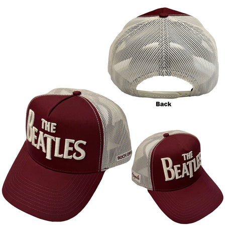 The Beatles - Drop T Logo & Apple  - Maroon & Natural OSFA Mesh back Baseball  Cap