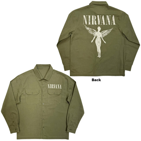 Nirvana - In Utero Logo - Casual Button Down Green Shirt