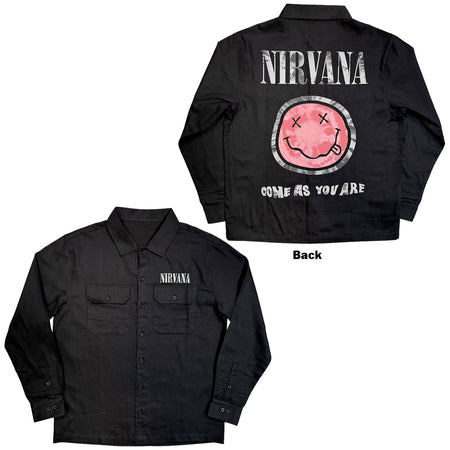 Nirvana - Come As You Are Happy Face - Casual Button Down Black Shirt