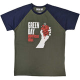Green Day - Ameerican Idiot - Khaki Green & Navy Blue Raglan t-shirt