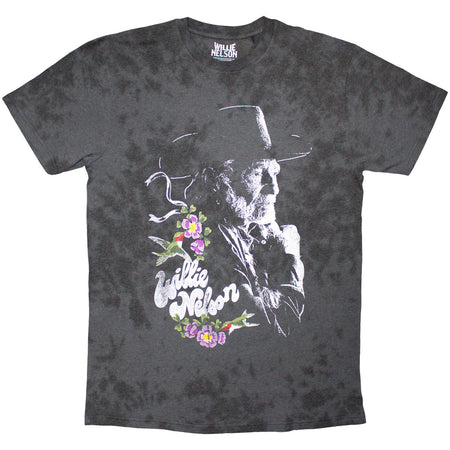 Willie Nelson - Floral - Dye Washed  Black T-shirt