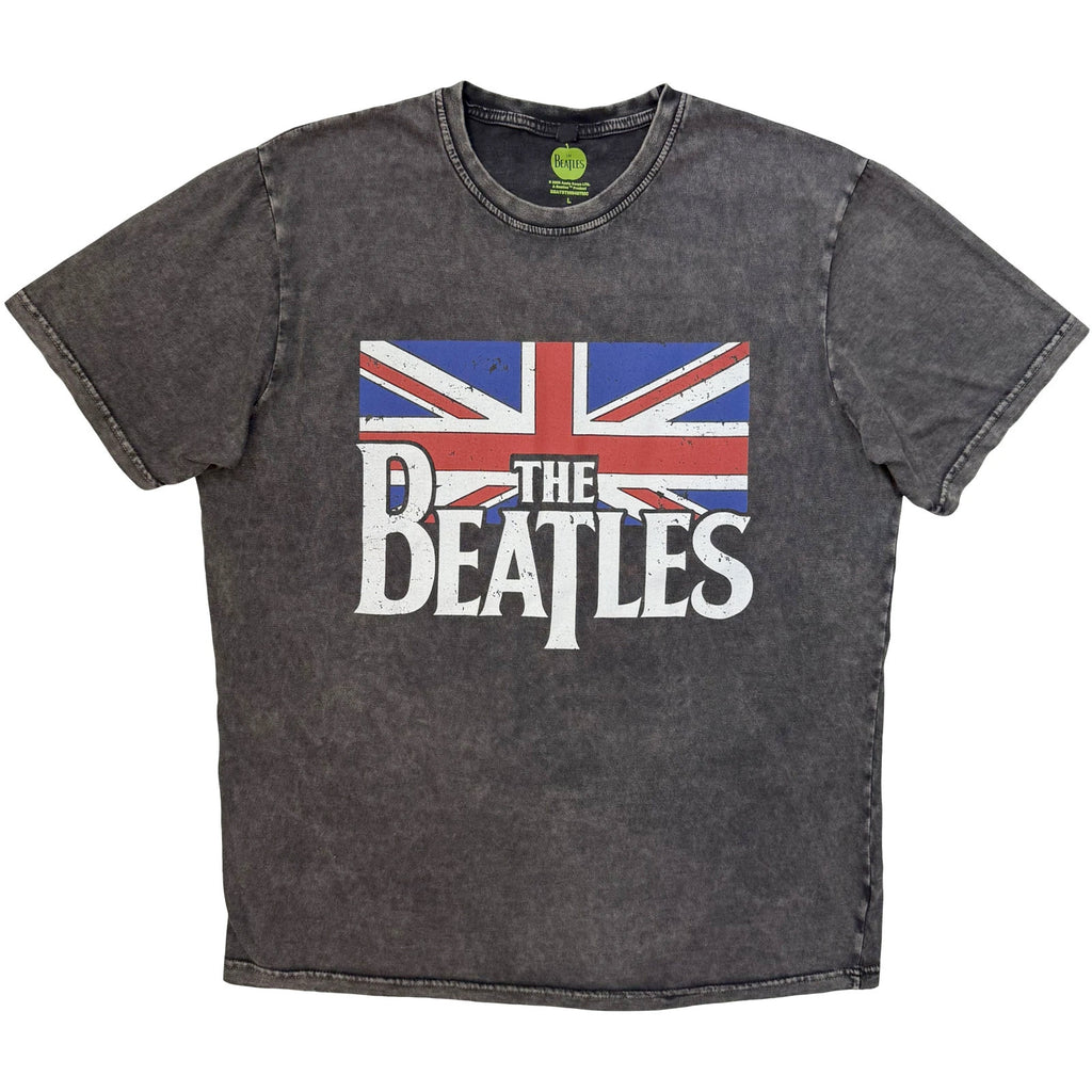 The Beatles - Drop T Logo and Vintage Flag - Charcoal Grey Stone Wash  t-shirt