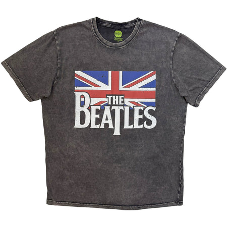 The Beatles - Drop T Logo and Vintage Flag - Charcoal Grey Stone Wash  t-shirt