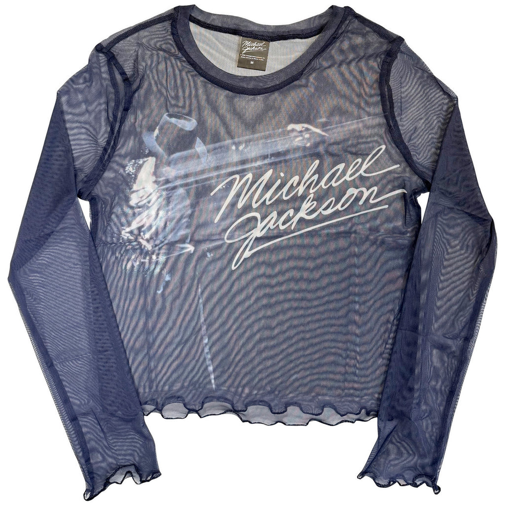 Michael Jackson - Blurred - Blue Ladies Long Sleeve Mesh  Crop Top t-shirt