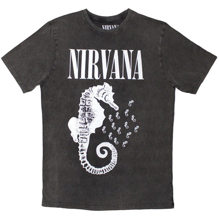 Nirvana - Seahorse & Logo Mono - Charcoal Grey Stone Wash t-shirt