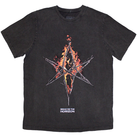 Bring Me The Horizon - Flame Hex & Text Logo  -  Grey Dye Wash  t-shirt