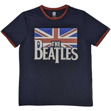 The Beatles - Drop T Logo & Vintage Flag - Navy Blue Ringer T-shirt