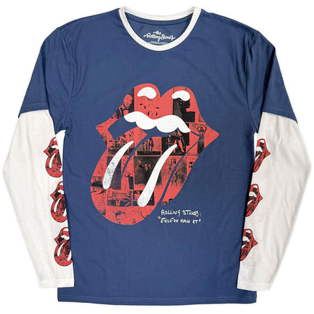 Rolling Stones - Collage Tongue - Denim Blue & White Layered Longsleeve  t-shirt