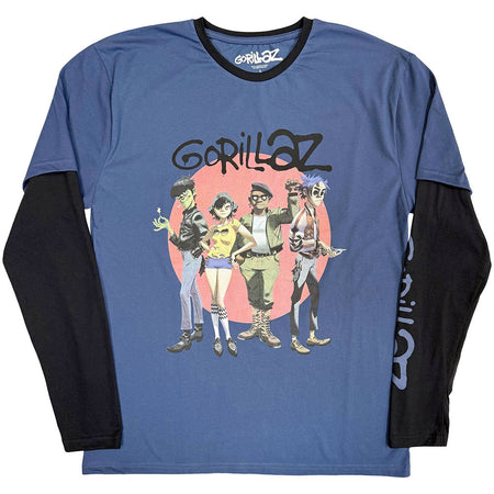 Gorillaz - Group Circle Rise - Denim Blue & Black Layered Longsleeve  t-shirt
