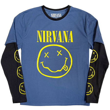 Nirvana - Yellow Happy Face - Denim Blue & Black Layered Longsleeve  t-shirt