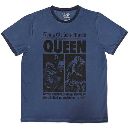 Queen - Freddie Mercury - News Of The World 40th Front Page - Denim Blue Ringer T-shirt