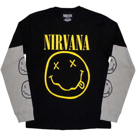 Nirvana - Yellow Happy Face -  Black & Grey Layered Longsleeve  t-shirt