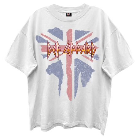 Def Leppard - British Flag Logo - White Enzyme Wash Retro Style  t-shirt
