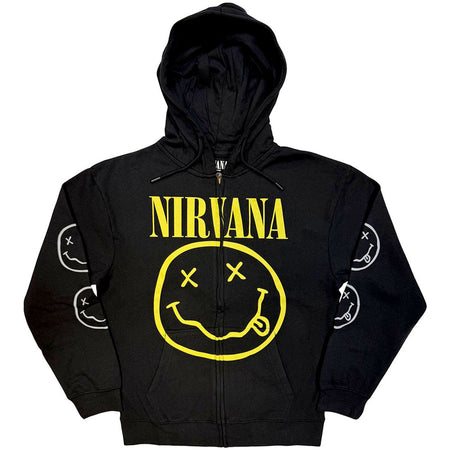 Nirvana - Yellow Happy Face  - Black Zipped  Hooded Sweatshirt