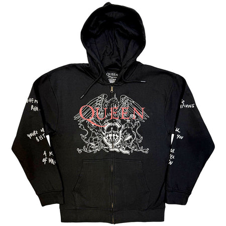 Queen - Logo & Crest Outline - Charcoal Grey Zipped  Hooded Sweatshirt