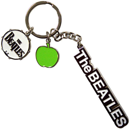 The Beatles - Text Logo Drop T Drum & Apple Charms- Metal Keychain