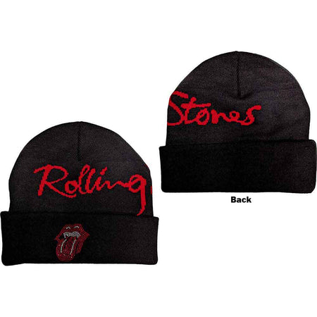 Rolling Stones- Embellished Classic Tongue - Black Ski Cap Beanie