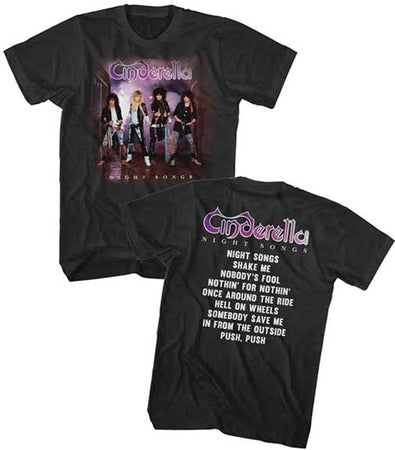 Cinderella - Night Songs -Song Titles Backprint- Black t-shirt
