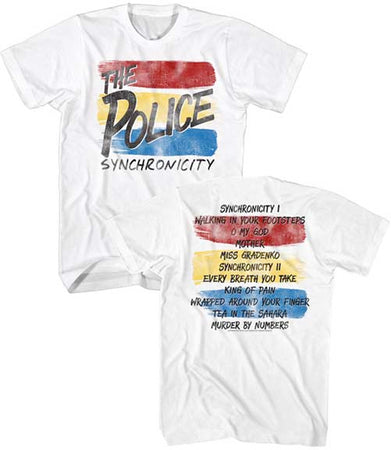 The Police-Synchronicity-with Song title back print-White t-shirt