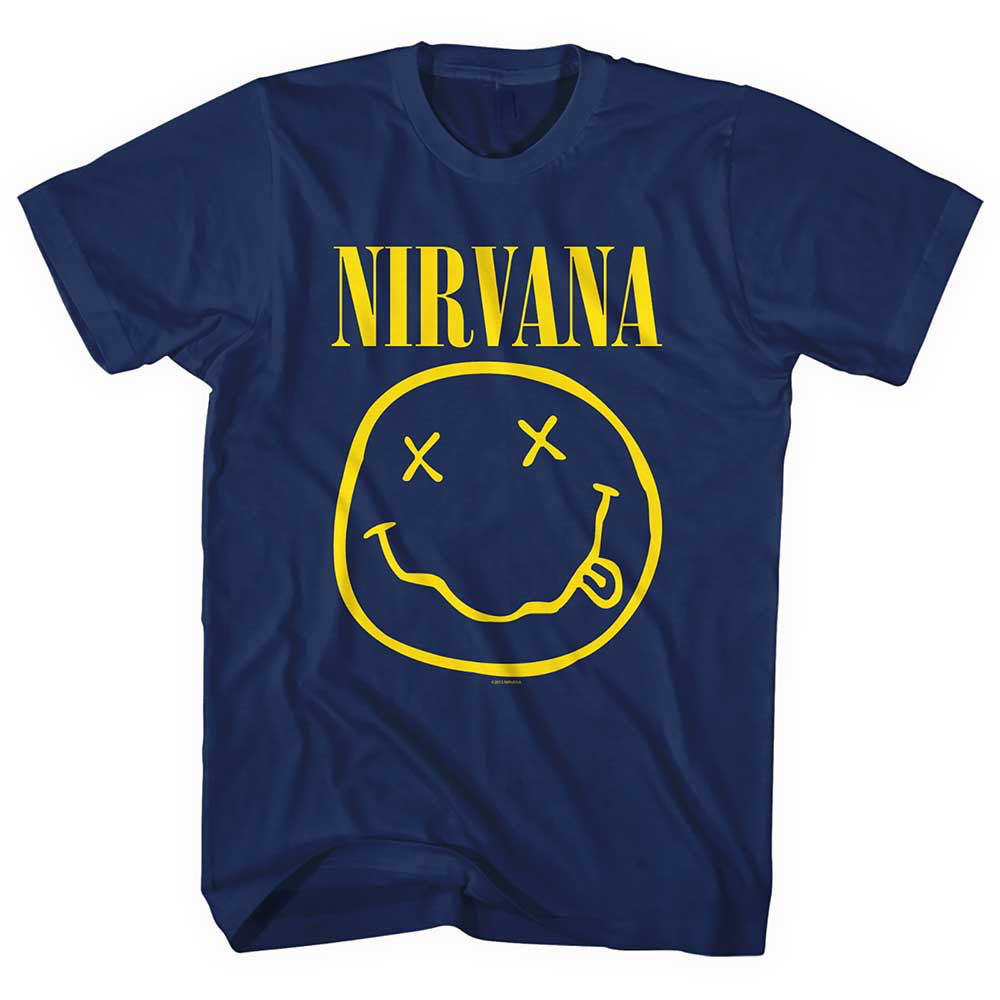Nirvana - Kurt Cobain-Yellow Smiley - Navy Blue t-shirt