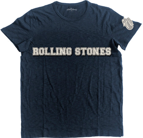 The Rolling Stones- Logo and Tongue Applique - Navy Blue Slab Cotton  T-shirt