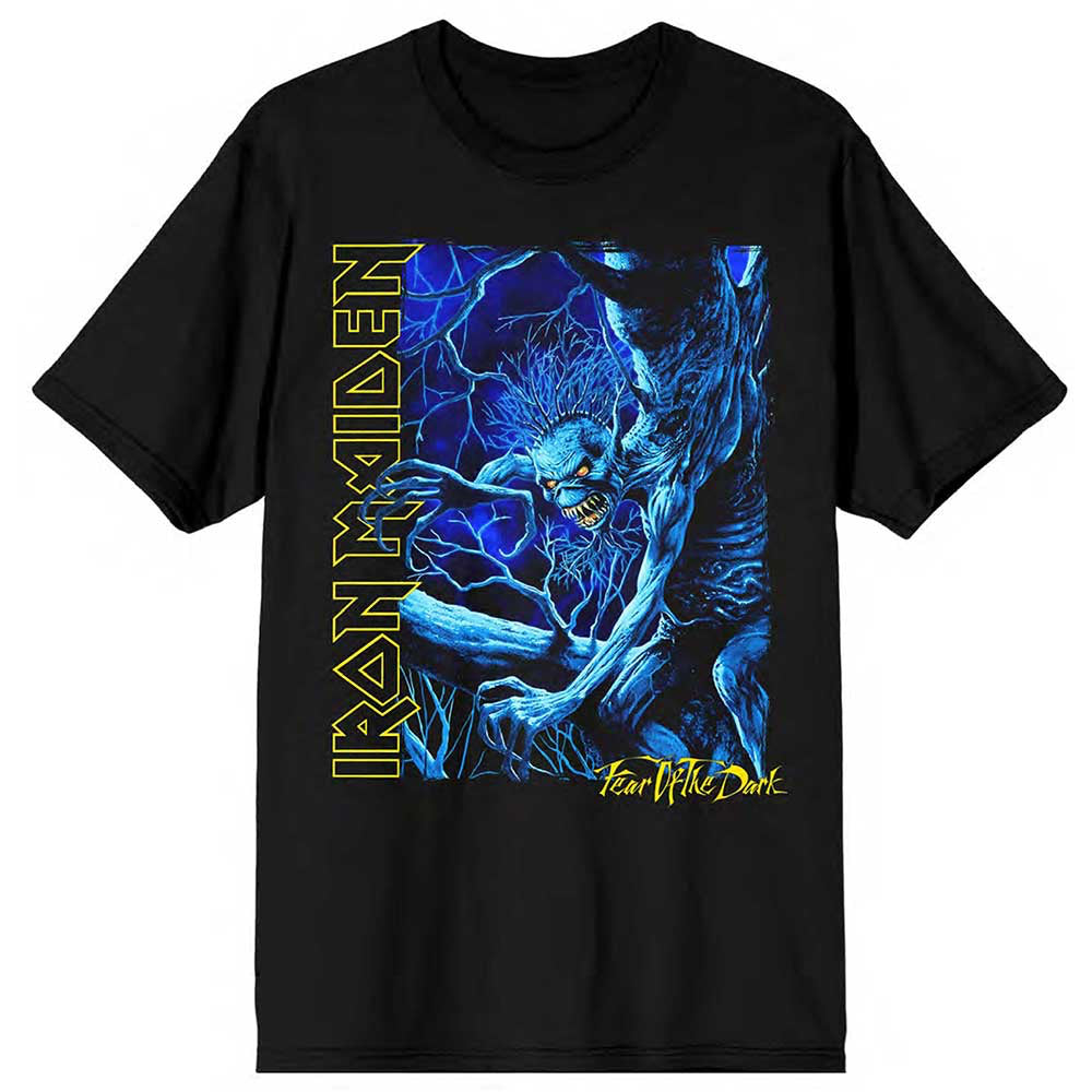 Iron Maiden - Fear Of The Dark Blue Tone Eddie Vertical Logo - Black T-shirt