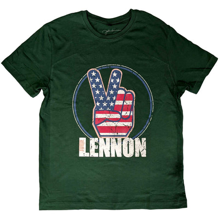 John Lennon - Peace Fingers US Flag - Green  T-shirt