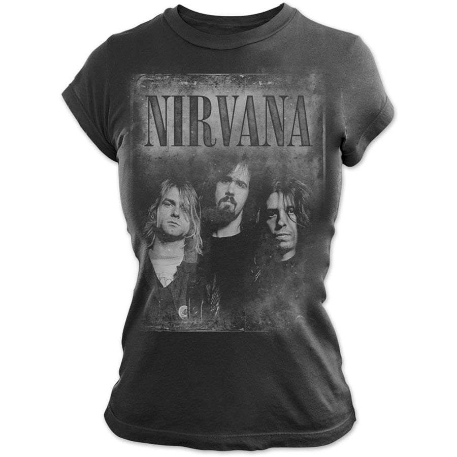 Nirvana-Kurt Cobain - Faded Faces - Ladies Junior Black T-shirt