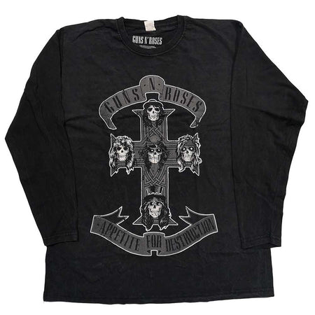 Guns N Roses-Monochrome Cross-Dip Dye Long Sleeved- Black  T-shirt