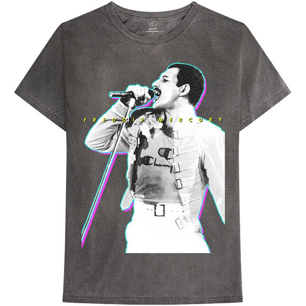 Queen - Freddie Mercury - Glow - Mineral Wash Black T-shirt