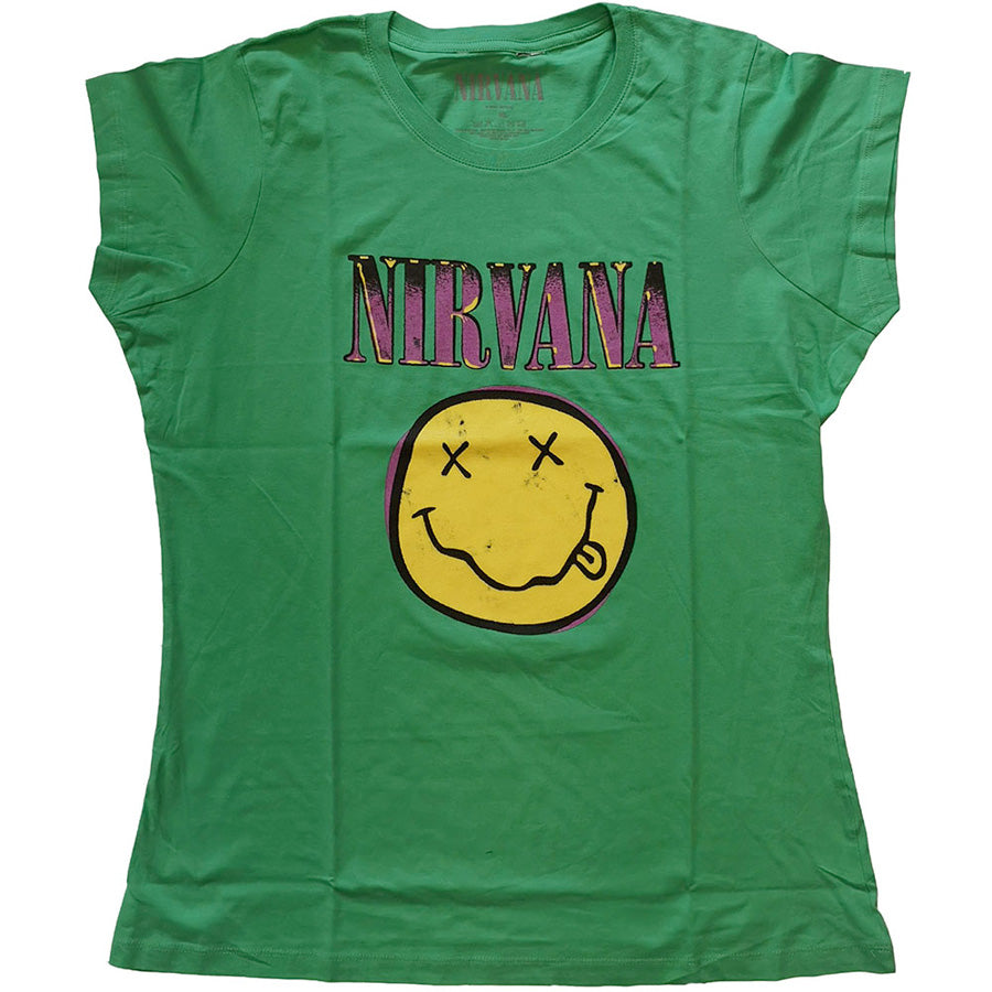 Nirvana-Kurt Cobain - Xerox Smiley Pink - Ladies Green T-shirt