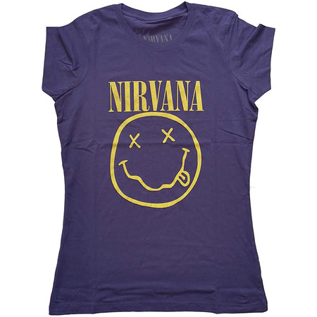 Nirvana-Kurt Cobain - Yellow Smiley - Ladies Purple T-shirt