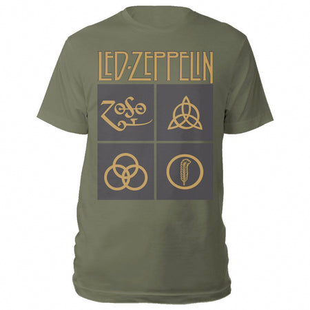 Led Zeppelin - Gold Symbols In Black Square - Green  T-shirt